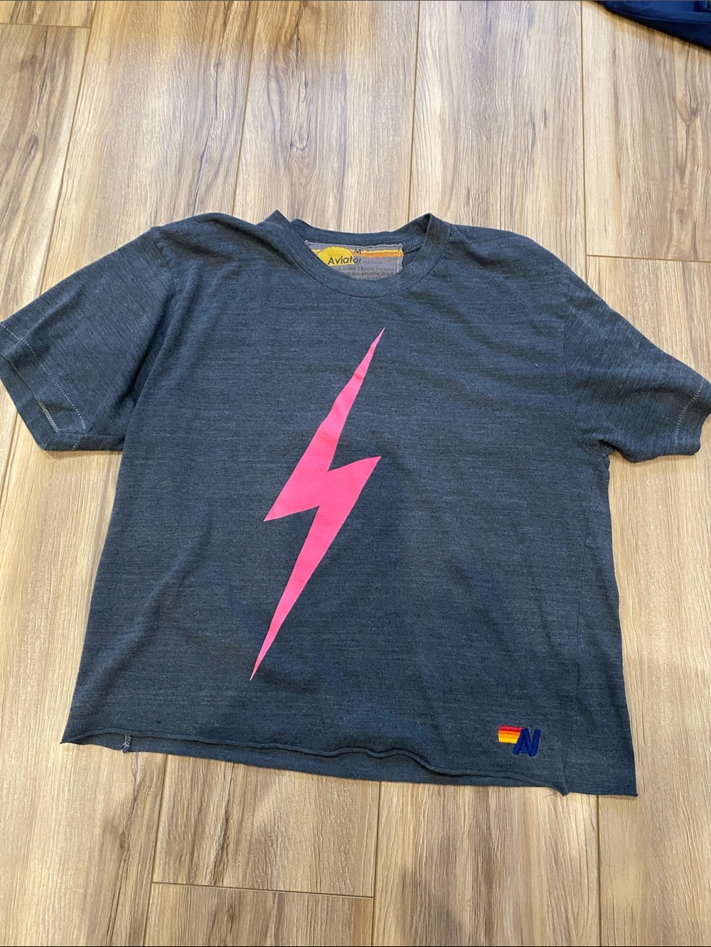 Aviator Nation Black Tee CROPPEDwith Pink Lightning Bolt